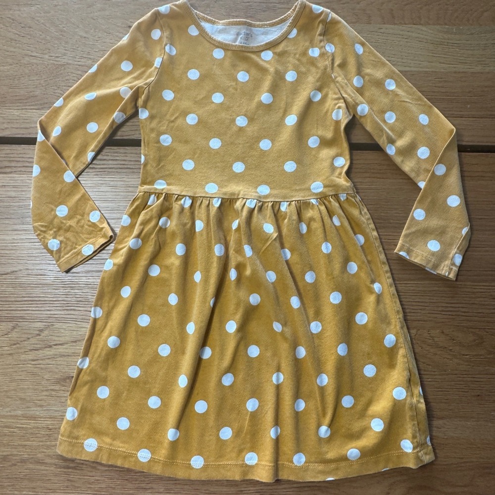 Carters Kid Girls Mustard Yellow White Polka Dot Long Sleeve Jersey Dress 6 6x